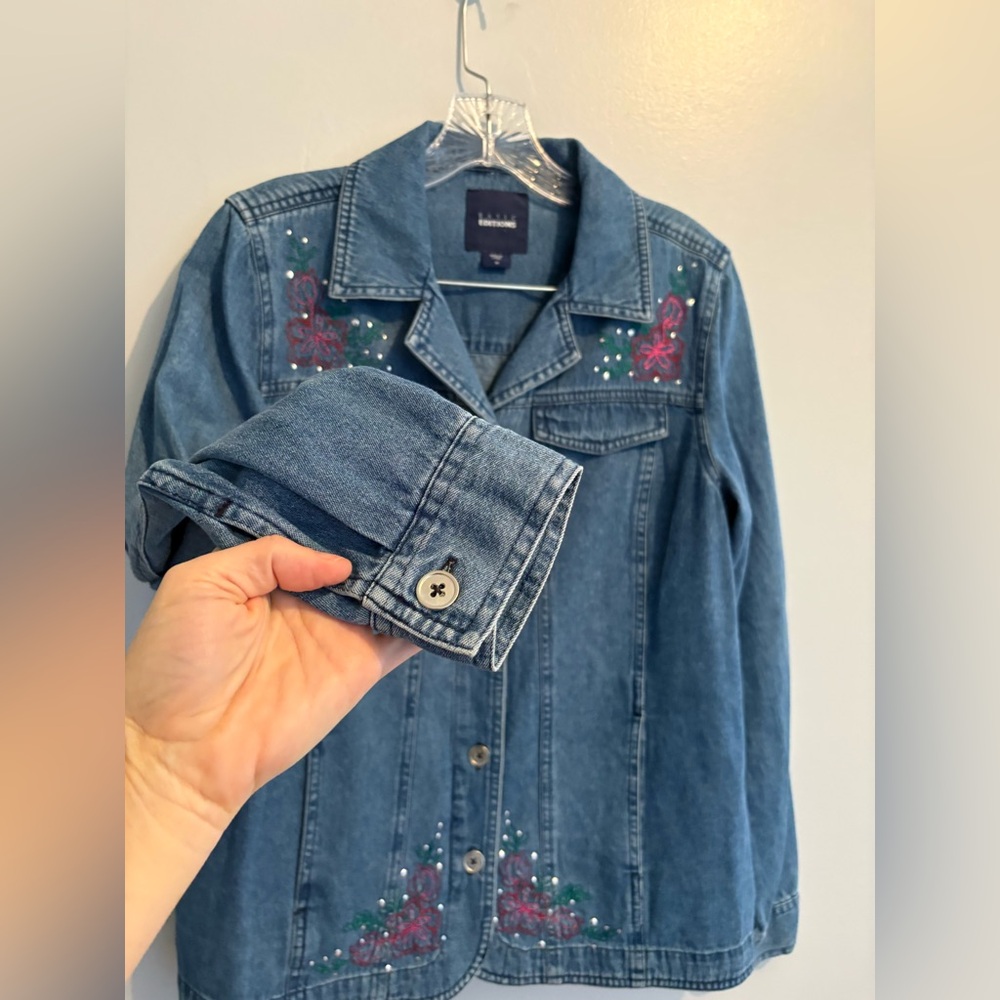 Basic Editions Denim Jacket Embroidered Beaded Fl… - image 7